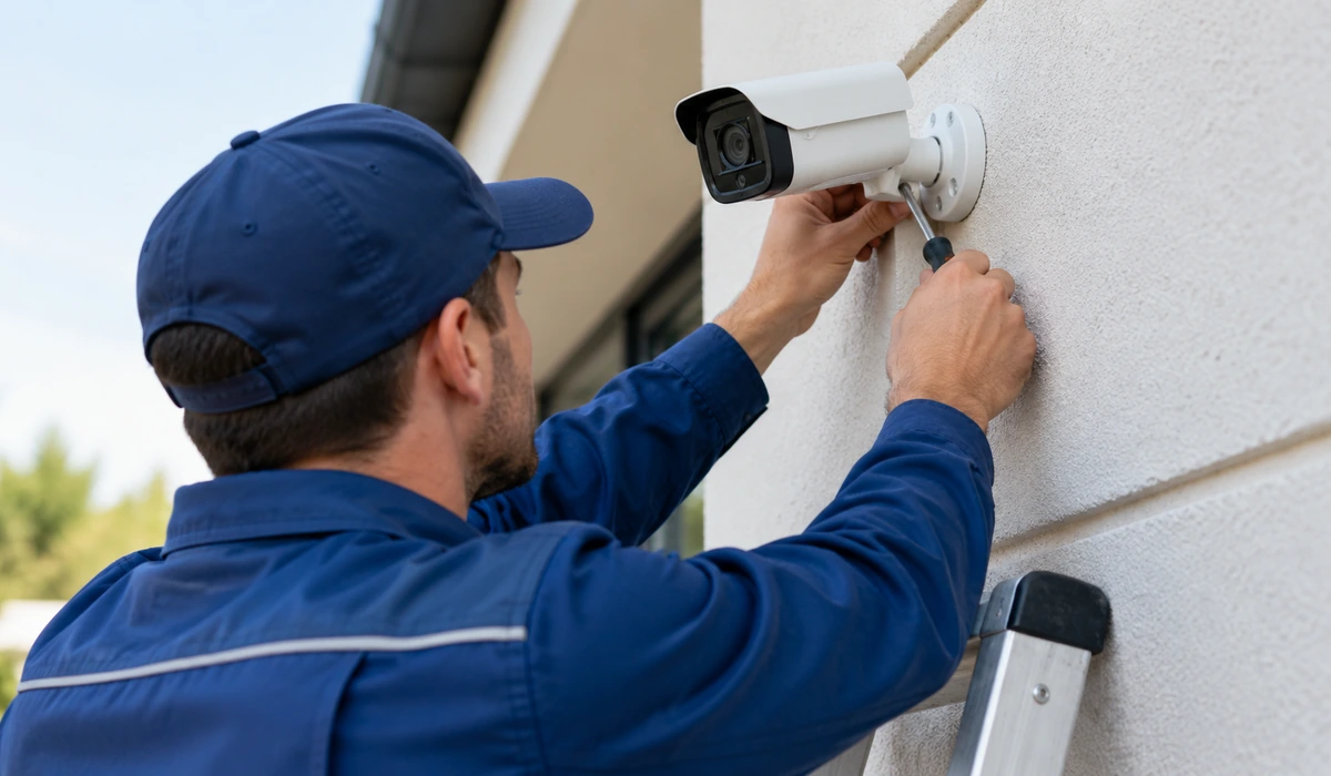 Técnico instalando una cámara de videovigilancia visto de espaldas